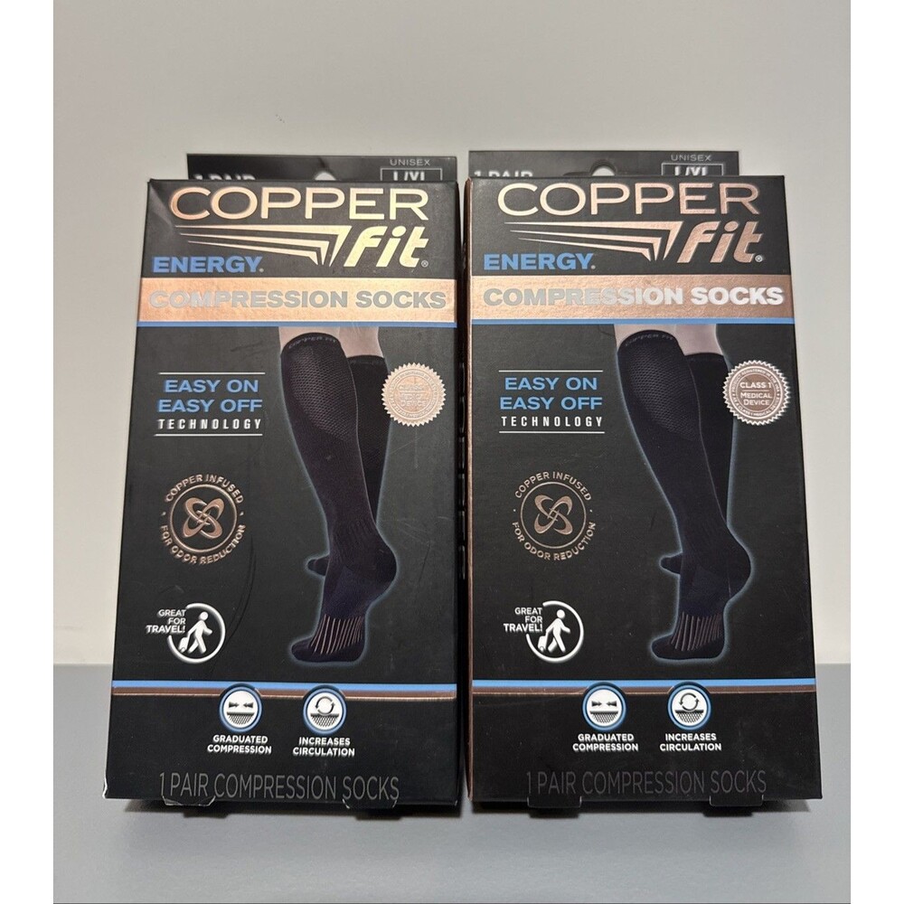 Copper Fit Unisex Compression Socks Black, US M 9-12, W 10-13 Pack of 2